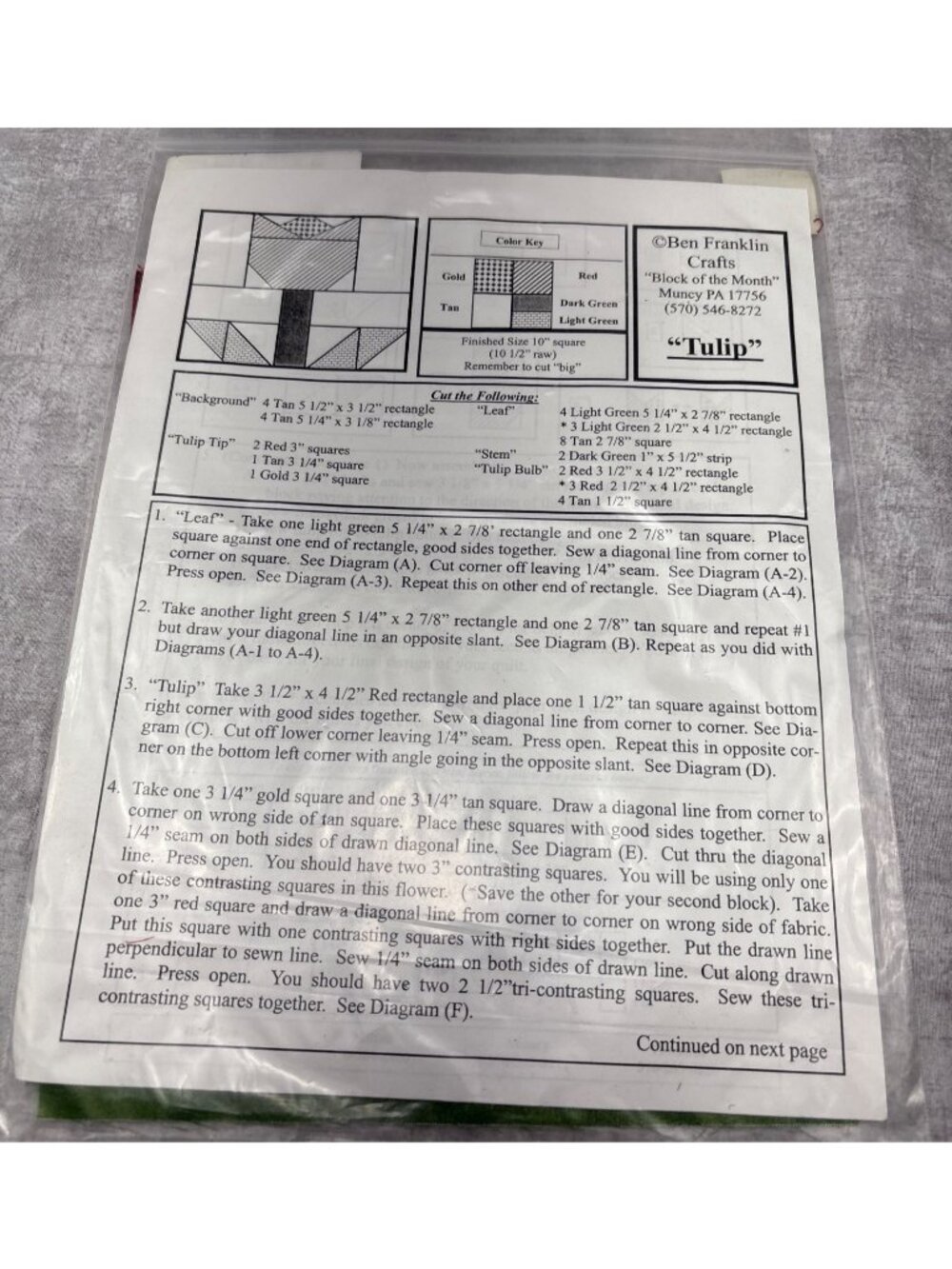 Ben Franklin Crafts Tulip Quilting Kit Instructions & Fabric Block of the Month